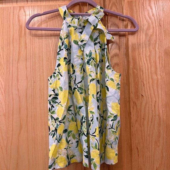 Lemon Print Sleeveless Halter Top Bow Neck Linen Blend Summer Cute Blouse XS - Picture 2 of 11